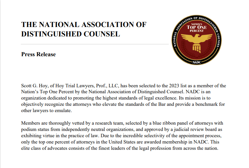 The National Association of Distinguished Counsel Press Release for Scott G Hoy