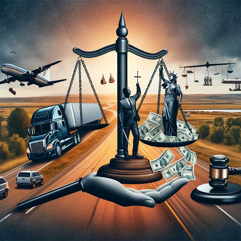 depicting the concept of a truck accident legal assistance advertisement for a law firm. The image conveys professionalism and empathy. It includes a serene South Dakota landscape in the background, with a silhouette of a semi-truck on a highway. In the foreground there's a balanced composition of legal symbols like scales of justice, a gavel, and a protective hand. Subtle elements that suggest financial compensation are integrated, such as a safety net made of dollar bills catching falling figures that represent people affected by truck accidents. The overall tone is reassuring and hopeful, signaling that help and support are available through legal means.